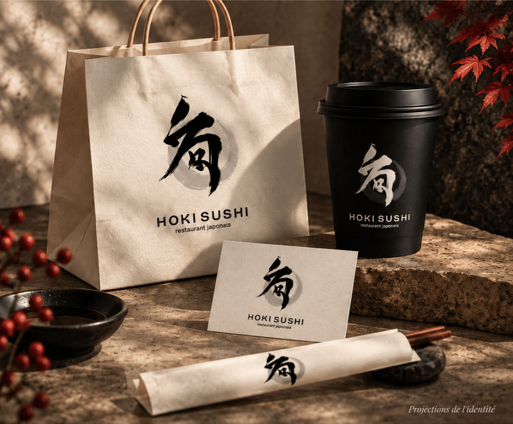 Nouvelle identité graphique Hoki Sushi et déclinaisons sur les supports du restaurant par Le Beau Menu.